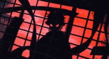a shadow of a person is cast on a window with a red background