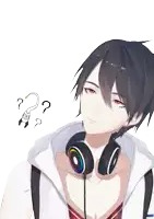 a man wearing headphones is surrounded by question marks on his head