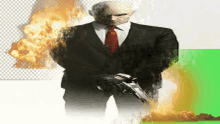 a man in a suit and tie holds a gun in front of a fire