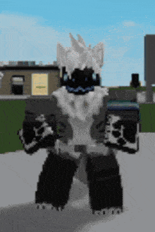 a furry character is standing on a sidewalk in front of a building in a video game .