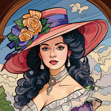a drawing of a woman wearing a hat with roses on it