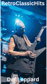 a poster of a man playing a guitar with the name def leppard