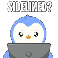 a penguin sitting in front of a laptop with the words sidelined written above it
