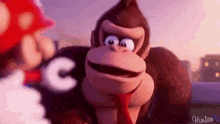 donkey kong is wearing a red tie and a red hat and looking at mario .
