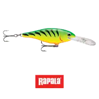 a green and yellow fishing lure with a rapala logo on the bottom
