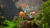 a cartoon bird is sitting in a nest in a lush green forest