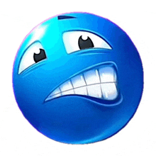a blue smiley face with big teeth and big eyes on a white background