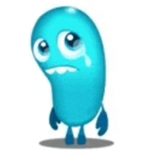 a blue cartoon character with a tear coming out of his eye .