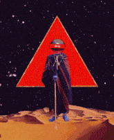 a man with a cane stands in front of a red triangle with the word drip on his head