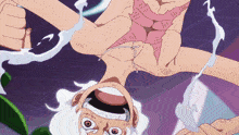 a cartoon character with white hair is upside down with a purple background
