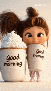 a cartoon girl is drinking from a cup that says " good morning "