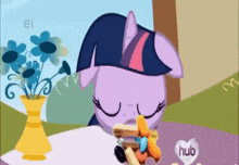 twilight sparkle from my little pony is sitting at a table eating a sandwich