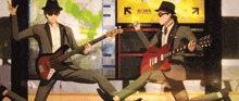 two men are playing guitars in front of a sign that says " n " on it