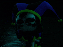 a cartoon character with a sad look on his face is wearing a jester hat