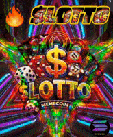 a colorful poster with the words slots lotto memecoin written on it