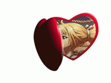 a red heart shaped mirror with a picture of a man and a woman on it