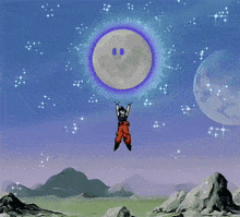 a cartoon of a man holding a smiley face moon in the air