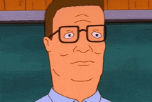 a cartoon character wearing glasses and a blue shirt is making a sad face
