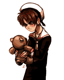 a drawing of a boy holding a teddy bear with the letter l on the bottom