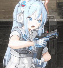 a girl with white hair and blue eyes holding a gun
