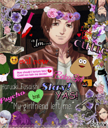 a picture of a man with a flower crown on his head is surrounded by purple flowers and cartoon characters
