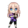 a pixel art of a girl wearing a purple and black shirt and shorts .