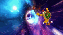 a cartoon character is flying through a black hole in space