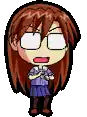a pixel art drawing of a girl wearing glasses and a blue skirt .