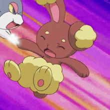 a cartoon rabbit is laying on its back on a purple background while a cat looks on .