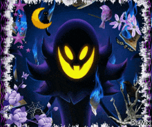 a picture of a purple monster with a yellow face and a crescent moon surrounded by purple flowers