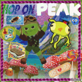 a picture of hop on peak with a frog and a s'more