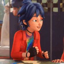 a cartoon girl with blue hair is wearing a red jacket and gloves