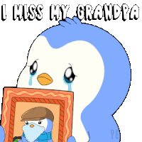 a cartoon penguin is holding a framed picture of his grandfather