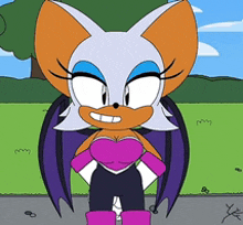 a cartoon of rouge the bat from sonic the hedgehog standing on the sidewalk