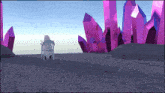 a computer generated image of a person sitting in a chair with purple crystals in the background