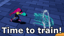 a video game screen says time to train with a girl running