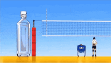a volleyball is being thrown at a volleyball net with a bottle of water in the foreground