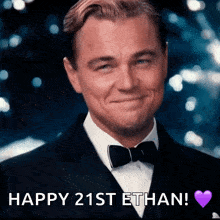 a picture of a man in a tuxedo with the words happy 21st ethan below him