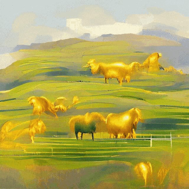 a green paddock with golden glowing horse like animals in it and rolling hills and trees in the background