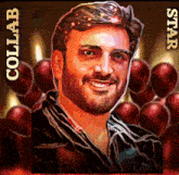 a painting of a man with balloons behind him and the words collab stars on the bottom