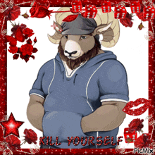 a picture of a ram with the words kill yourself in red letters