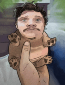 a man with a mustache is holding a small dog with paws