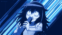 a girl with long black hair is holding a blue object in her hand and the word kissanime is on the bottom