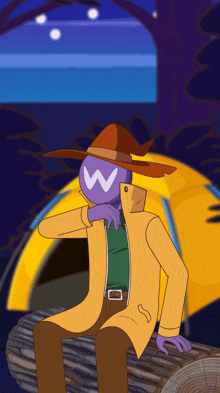 a cartoon character with a w on his face is sitting on a log