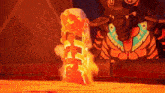 a cartoon character is standing in front of a lava flowing out of a hole in the ground