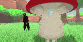 a man in a black suit is standing next to a mushroom with a girl on it