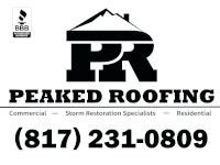 a black and white logo for peaked roofing with the phone number 817 231 0809