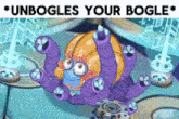 a cartoon character with a lot of tentacles is sitting on top of a table .
