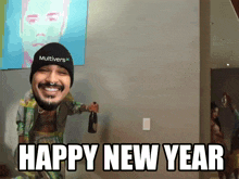 a man holding a bottle of champagne with the words happy new year below him