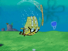 a cartoon of spongebob catching a jellyfish with a net .
